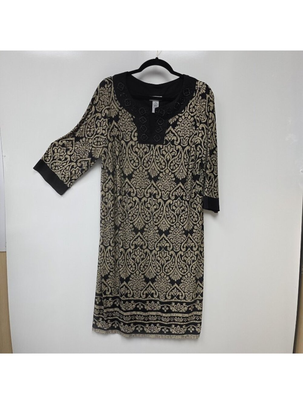 Catherines Shift Dress Womens 0X Black Paisley Embroidered 3/4 Sleeve Knee